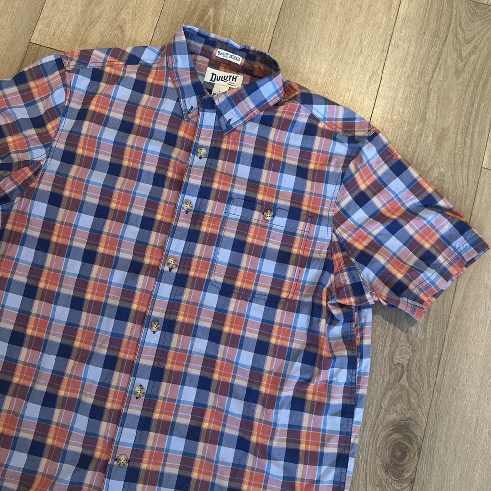 Duluth Trading Shirt Men Large Plaid Untucked Relaxed Fit Short Sleeve Cotton